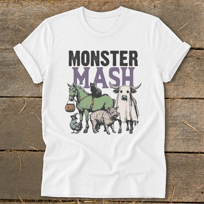 White t-shirt with "Monster Mash" text and Halloween-themed farm animals.