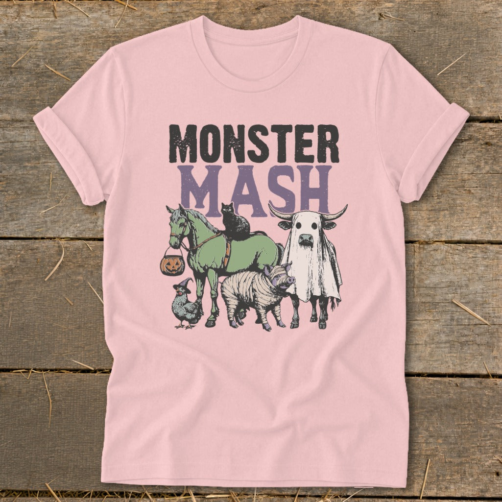 Pink t-shirt with "Monster Mash" text and Halloween-themed farm animals.