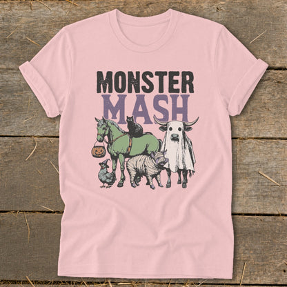 Pink t-shirt with "Monster Mash" text and Halloween-themed farm animals.