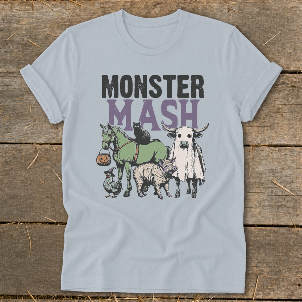 Light blue t-shirt with "Monster Mash" text and Halloween-themed animals.