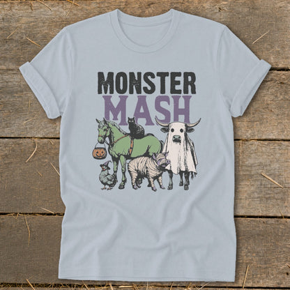 Light blue t-shirt with "Monster Mash" text and Halloween-themed animals.