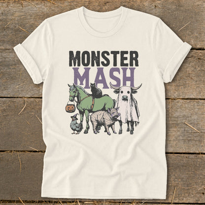 Monster Mash text with cartoon animals dressed for Halloween: horse, cat, chicken, mummy pig, and ghost cow.