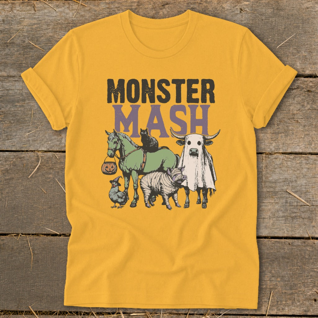 Yellow t-shirt with "Monster Mash" text and Halloween-themed farm animals.