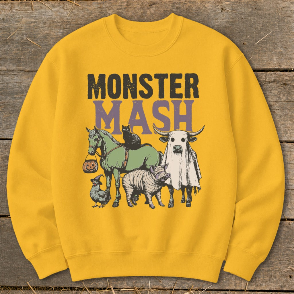 Yellow sweatshirt with "Monster Mash" text and Halloween-themed farm animals.