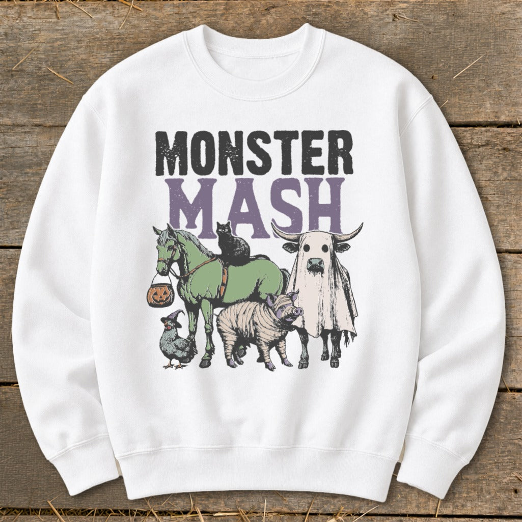 Monster Mash graphic with a horse, cat, pig, chicken, and ghost bull.