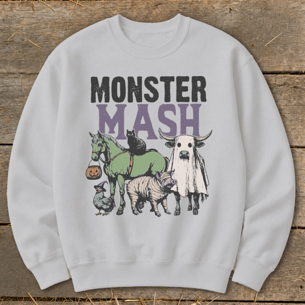 Light gray crewneck sweatshirt with "Monster Mash" text and Halloween-themed animal characters.