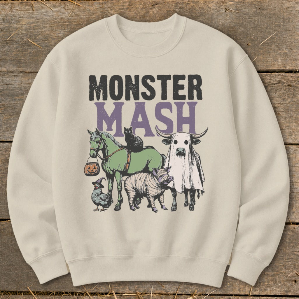 Crewneck sweatshirt with "Monster Mash" text and Halloween-themed animal illustrations.