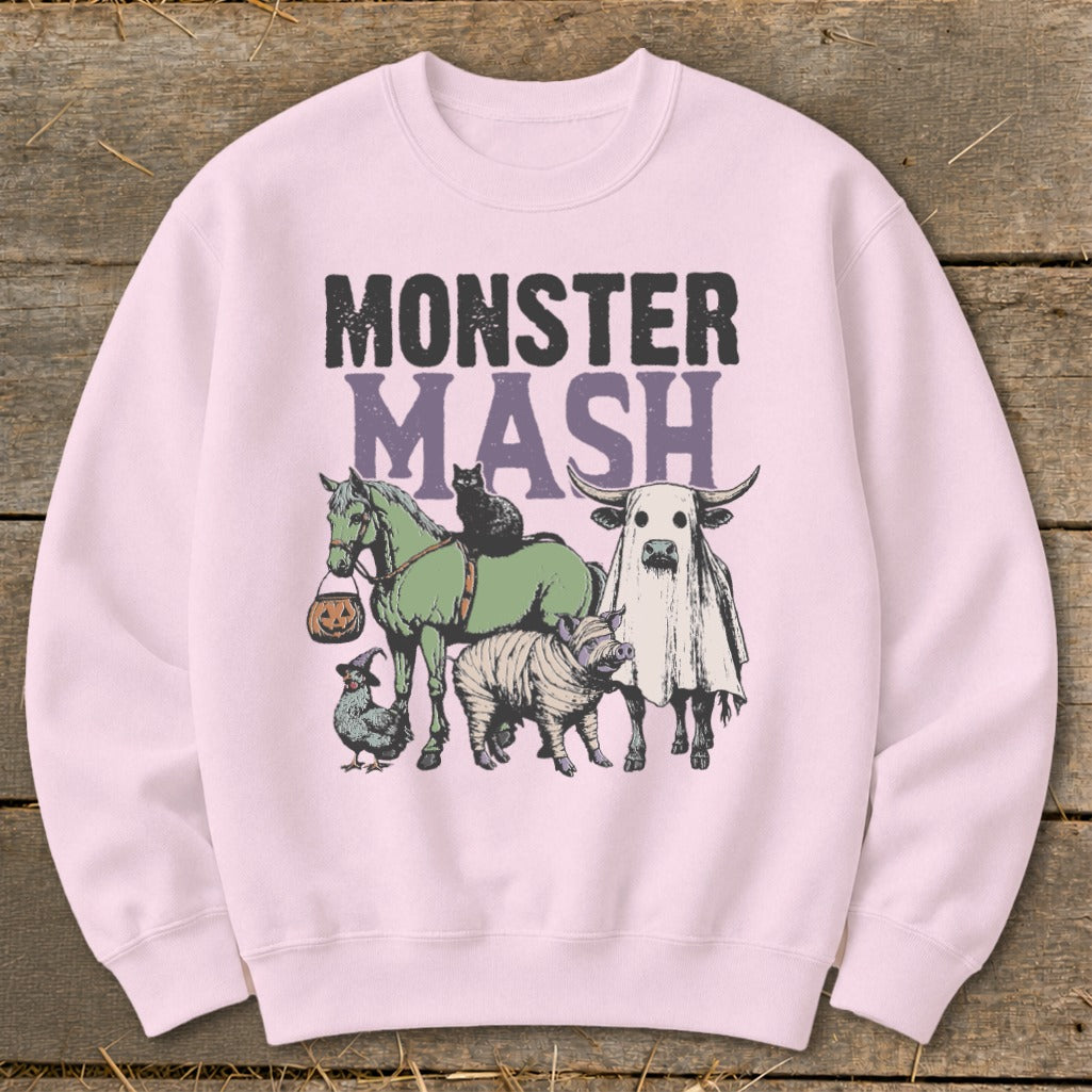 Monster Mash text over a group of whimsical Halloween farm animals.