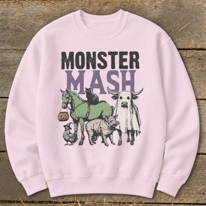 Monster Mash text over a group of whimsical Halloween farm animals.