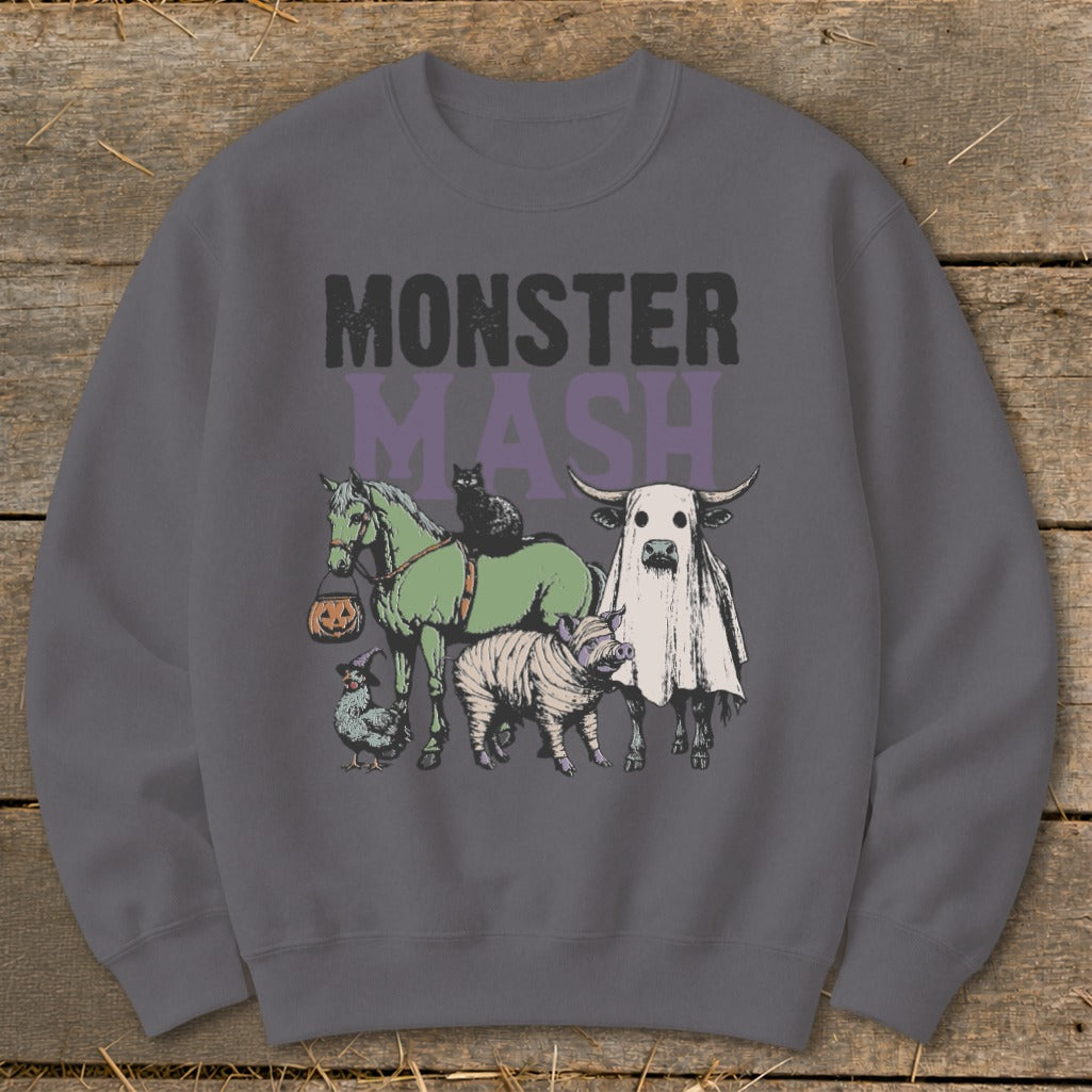 Monster Mash Halloween graphic with animals on a dark grey sweatshirt.
