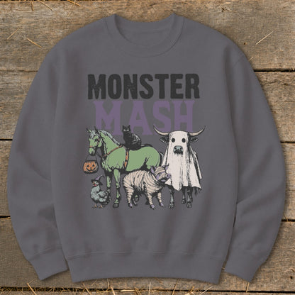 Monster Mash Halloween graphic with animals on a dark grey sweatshirt.