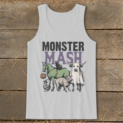 Light grey tank top with "Monster Mash" text and a Halloween-themed farm animal graphic.