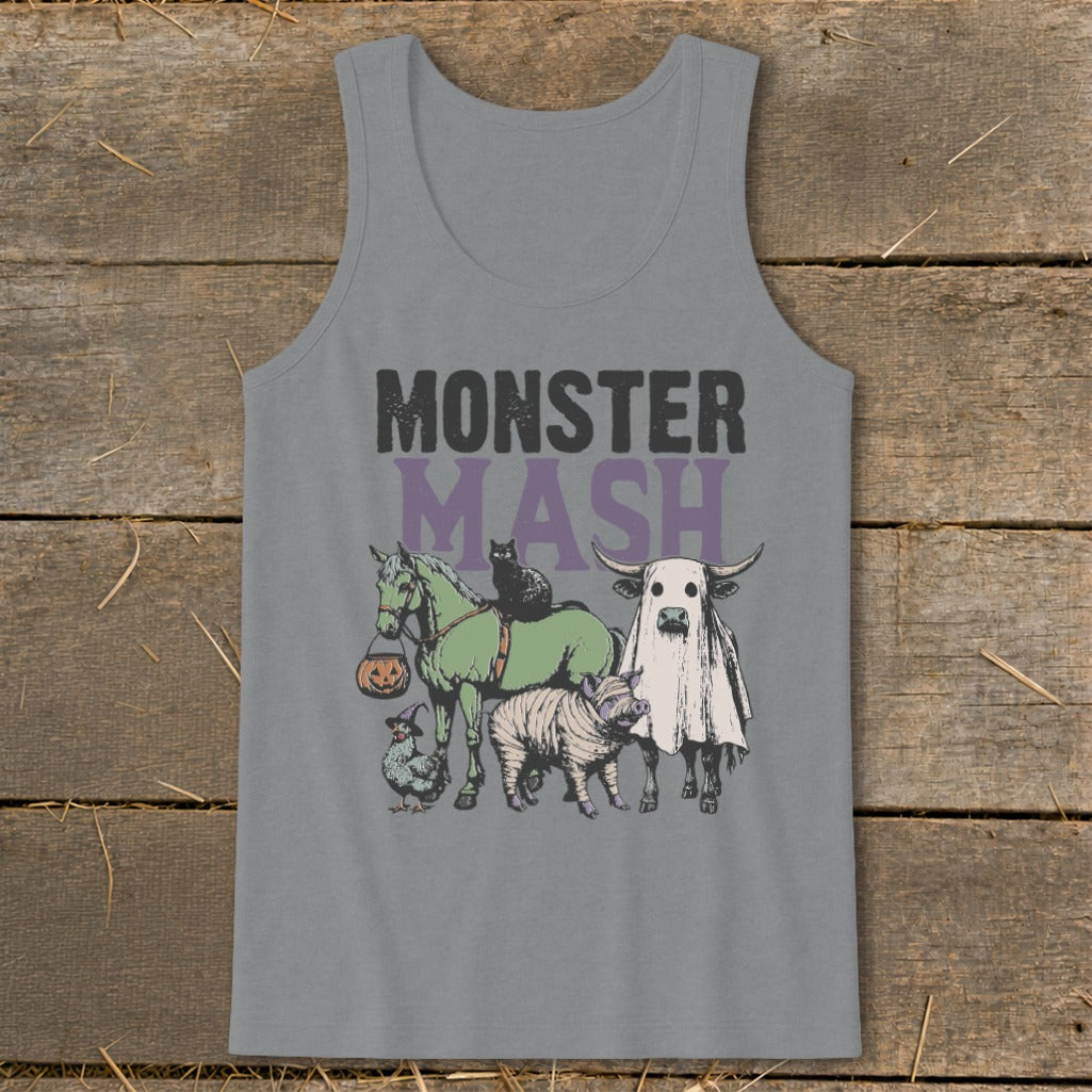 A gray tank top featuring a Halloween graphic of farm animals in costumes, with text reading MONSTER MASH.