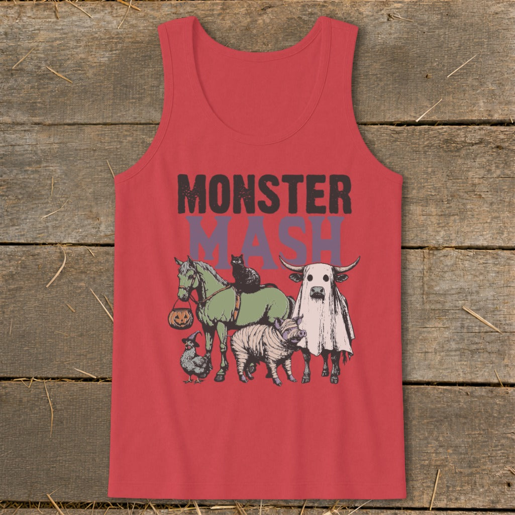 Red tank top with "MONSTER MASH" and Halloween animals graphic.