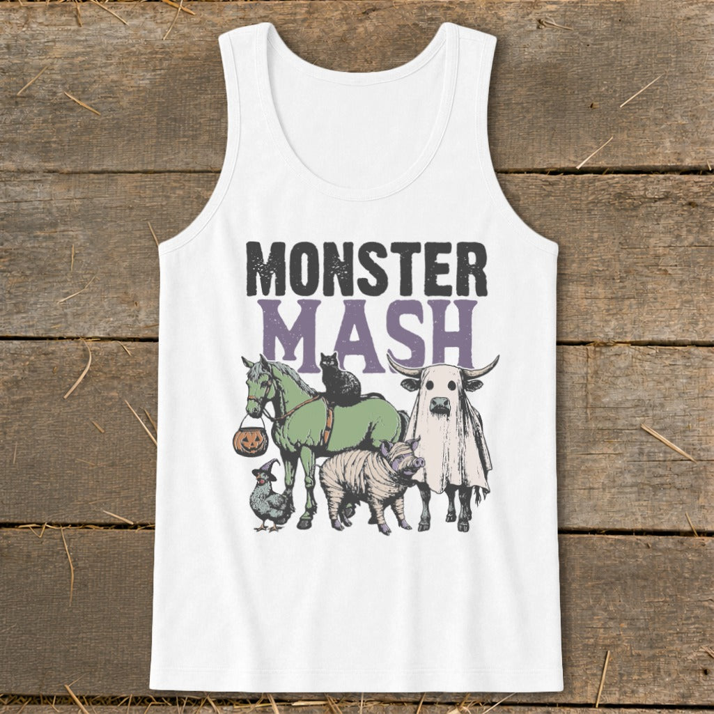 White tank top with "MONSTER MASH" text and Halloween-themed farm animals.