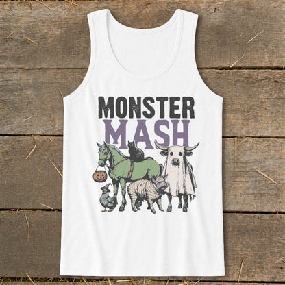 White tank top with "MONSTER MASH" text and Halloween-themed farm animals.