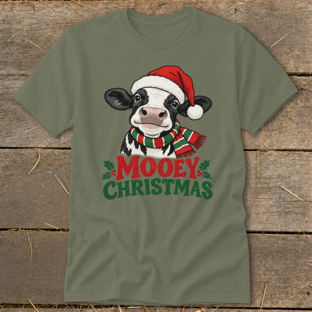 Cow in Santa hat and scarf with "Mooey Christmas" text.