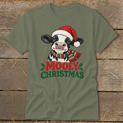 Cow in Santa hat and scarf with "Mooey Christmas" text.