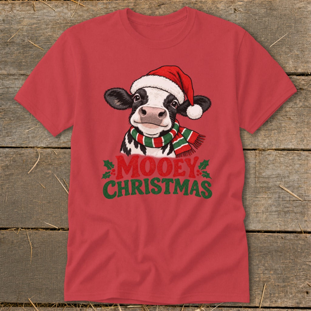 Cow wearing Santa hat and scarf with "Mooey Christmas" text.