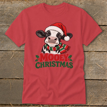 Cow wearing Santa hat and scarf with "Mooey Christmas" text.