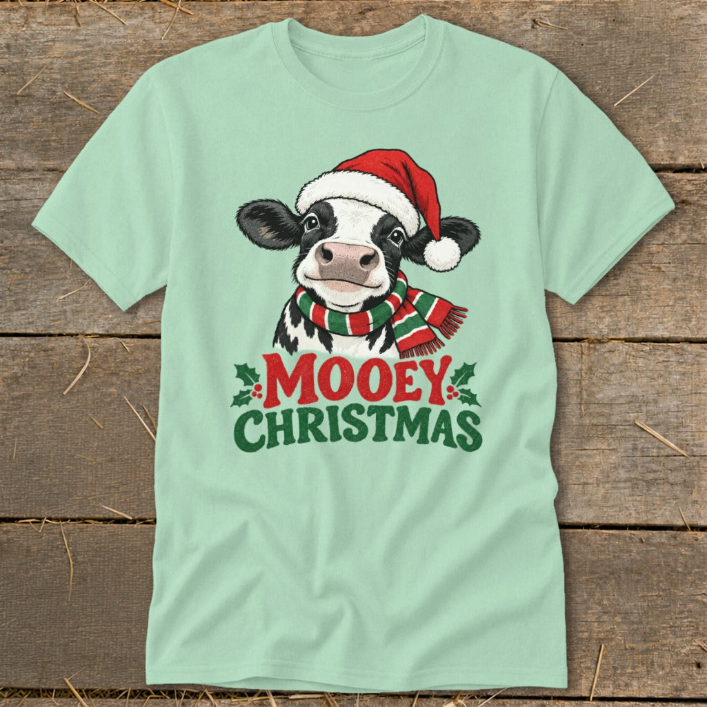 Cow wearing Santa hat and scarf with "Mooey Christmas" text.