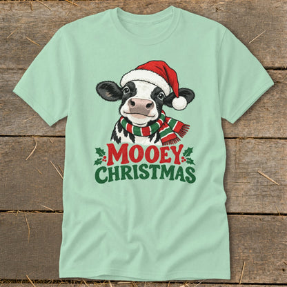 Cow wearing Santa hat and scarf with "Mooey Christmas" text.