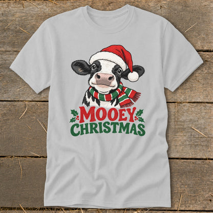 T-shirt with a cow wearing a Santa hat and scarf, text reads "Mooey Christmas".