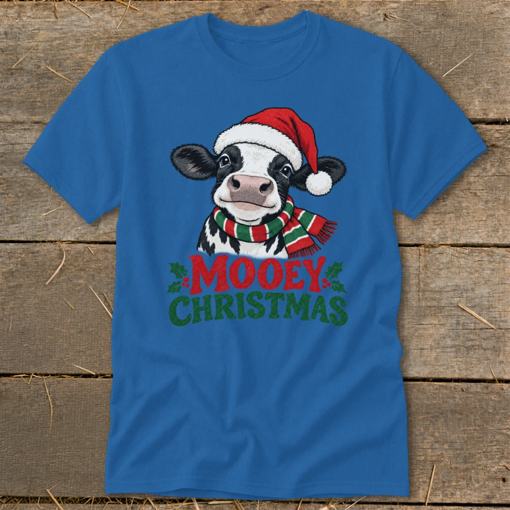 Blue t-shirt with a cow wearing a Santa hat and scarf, "MOOEY CHRISTMAS" text.