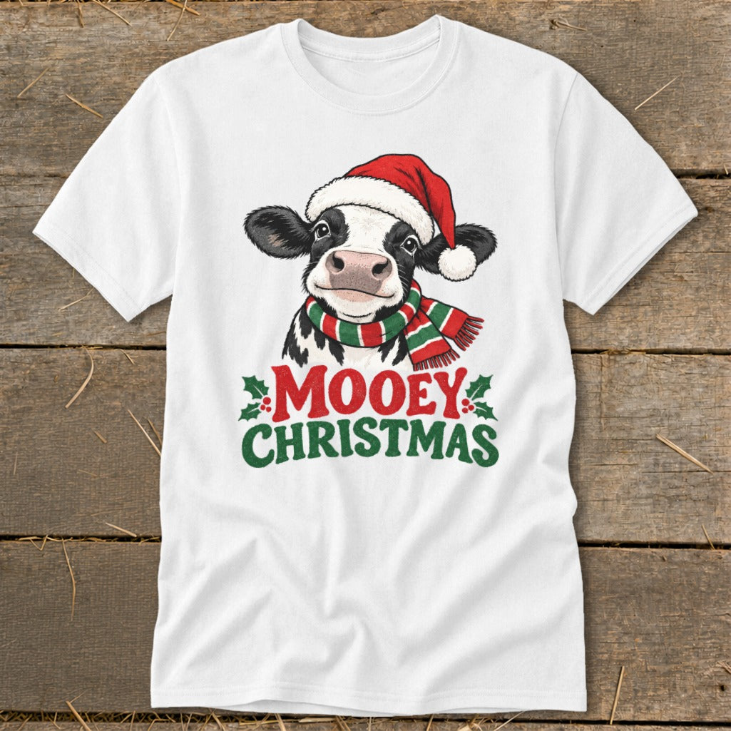 White t-shirt with festive cow wearing Santa hat and scarf, "Mooey Christmas" text.