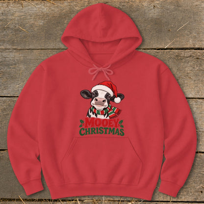 Red hoodie with a cow wearing a Santa hat and scarf, text "MOOEY CHRISTMAS".