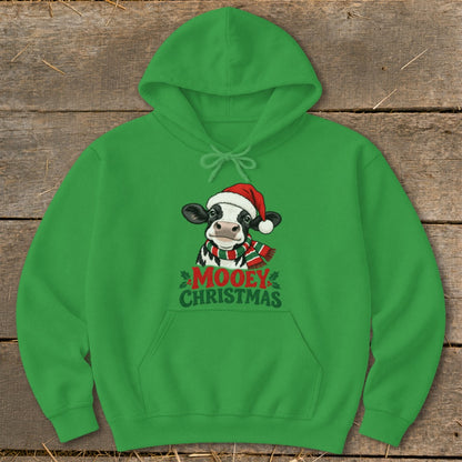 Green hoodie with "Mooey Christmas" graphic featuring a cow wearing a Santa hat and scarf.