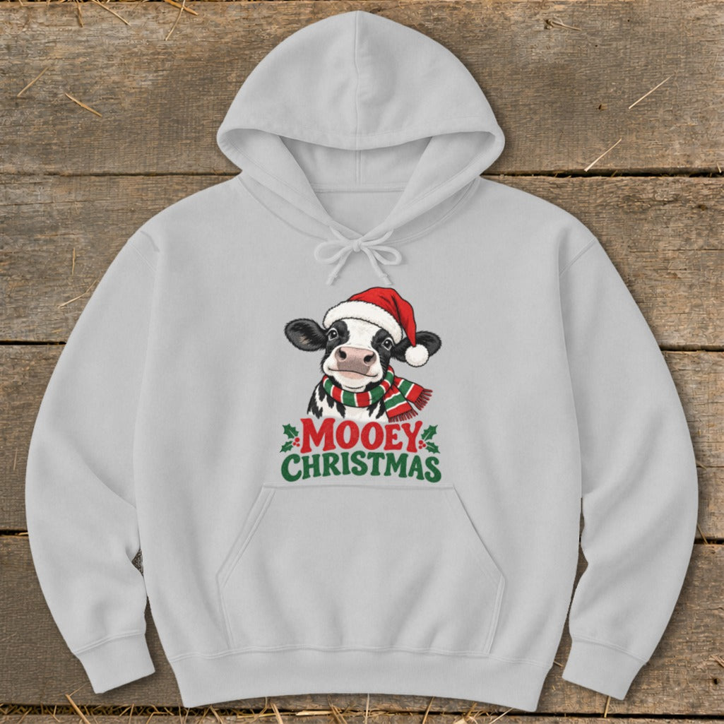 Light gray hoodie with a cow wearing a Santa hat and scarf, saying "Mooey Christmas".