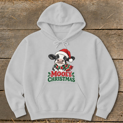 Light gray hoodie with a cow wearing a Santa hat and scarf, saying "Mooey Christmas".