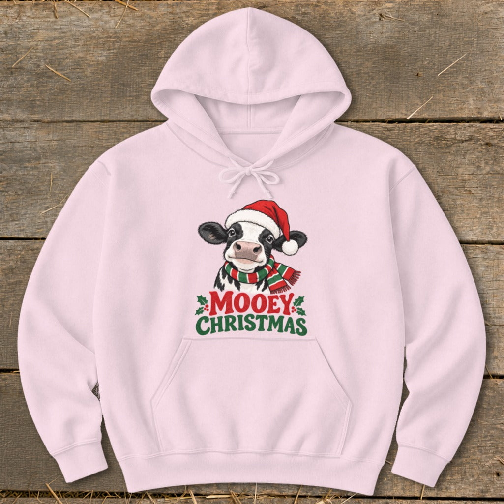 Pink hoodie with a cow wearing a Santa hat and scarf, with "Mooey Christmas" text.