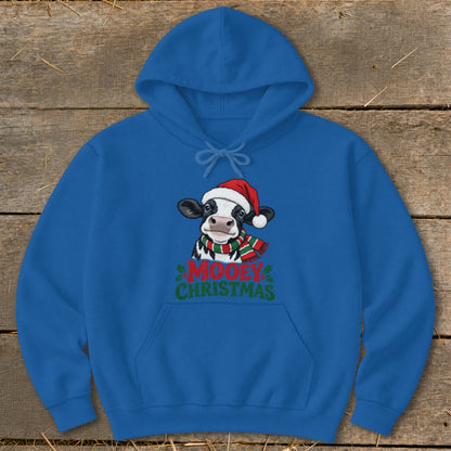 Blue hoodie with a cow wearing a Santa hat and scarf, text reads "Mooey Christmas".