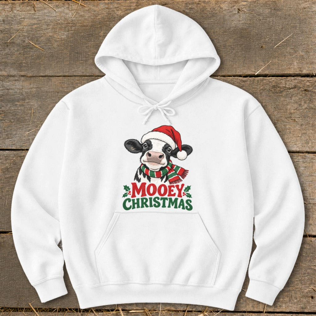 White hoodie with a cow wearing a Santa hat and scarf, text says "MOOEY CHRISTMAS".