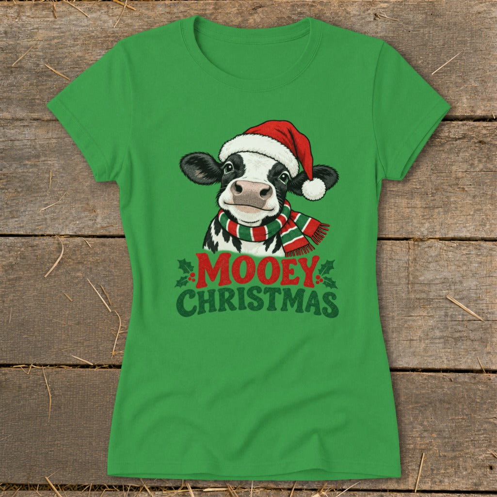 Green t-shirt with a cow wearing a Santa hat and scarf, "Mooey Christmas" text.