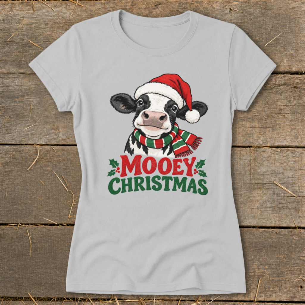 T-shirt with a cow wearing a Santa hat and scarf, with text "MOOEY CHRISTMAS".