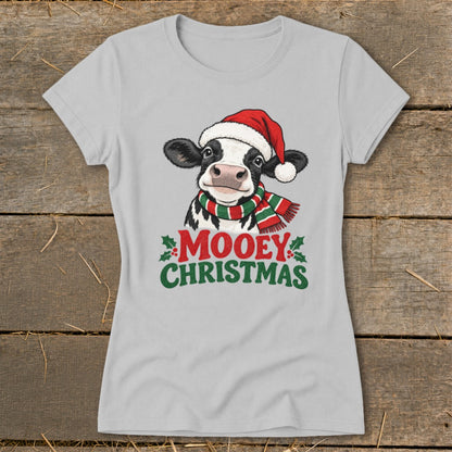 T-shirt with a cow wearing a Santa hat and scarf, with text "MOOEY CHRISTMAS".