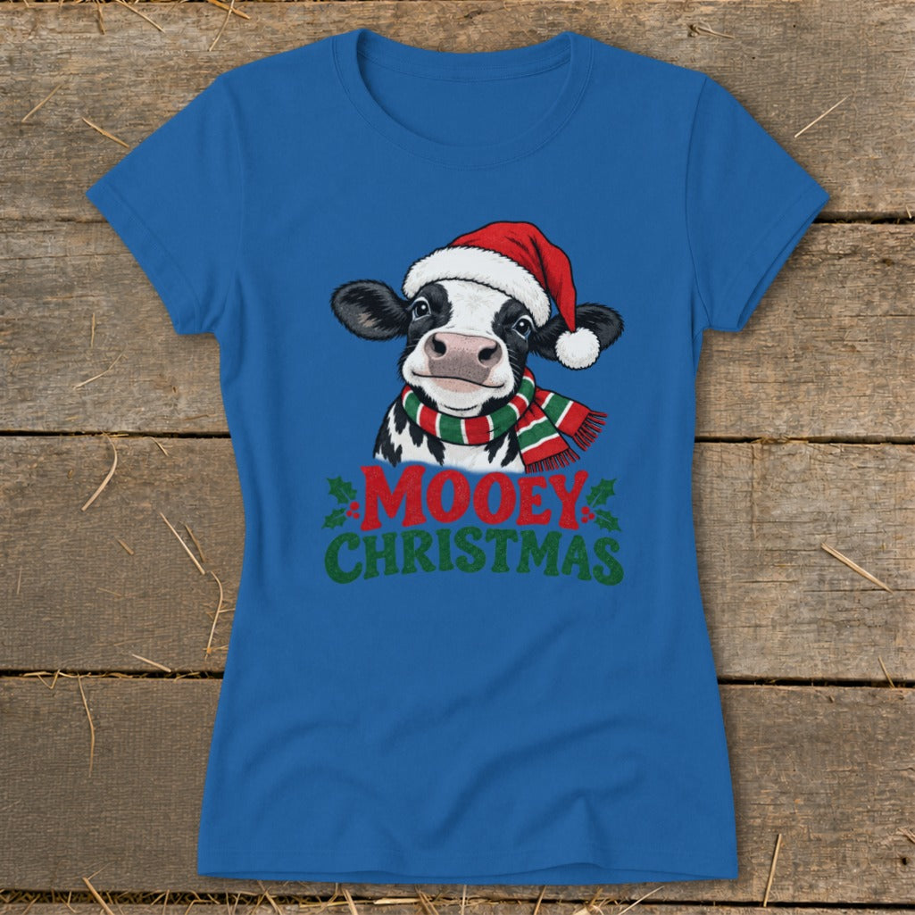 Blue t-shirt with a cow wearing a Santa hat and scarf, and text "Moodey Christmas".