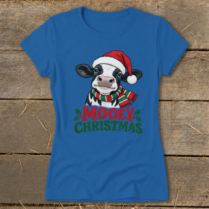 Blue t-shirt with a cow wearing a Santa hat and scarf, and text "Moodey Christmas".