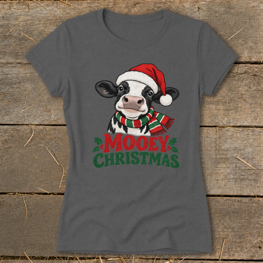 Gray t-shirt with a cow wearing a Santa hat and striped scarf, saying "MOOEY CHRISTMAS".