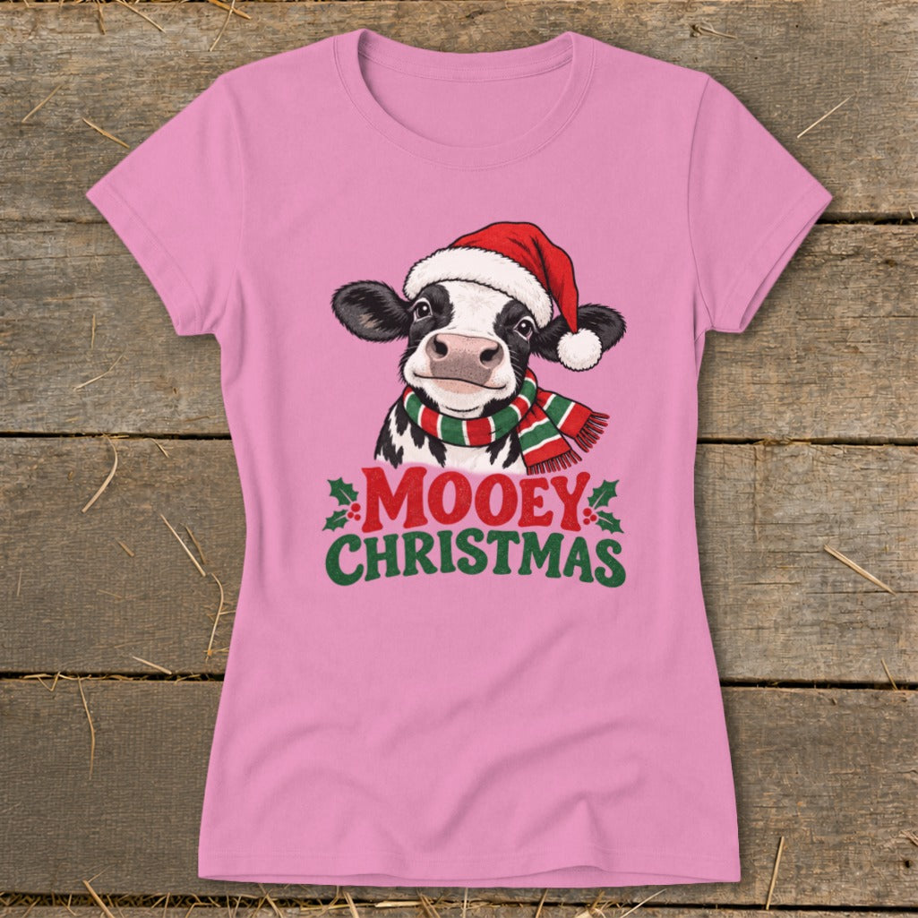 Pink t-shirt with a cow wearing a Santa hat and scarf, with "Mooey Christmas" text.