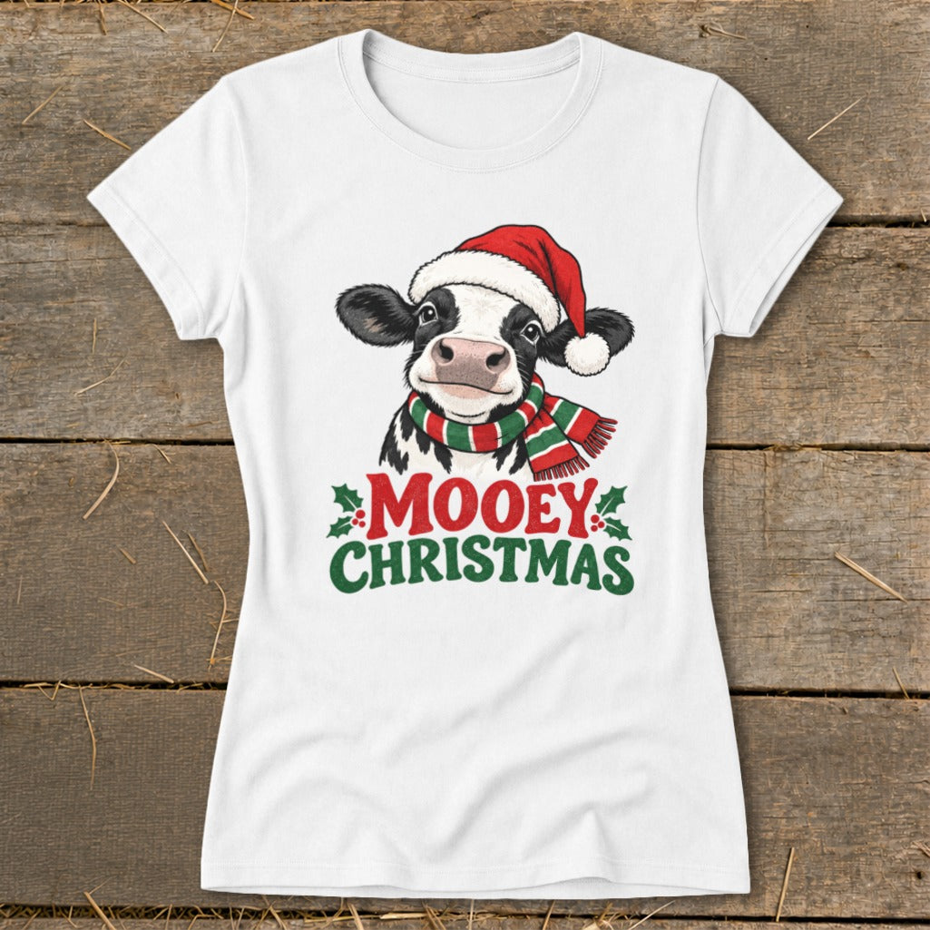 White t-shirt with a cow wearing a Santa hat and scarf, with text "Mooey Christmas".