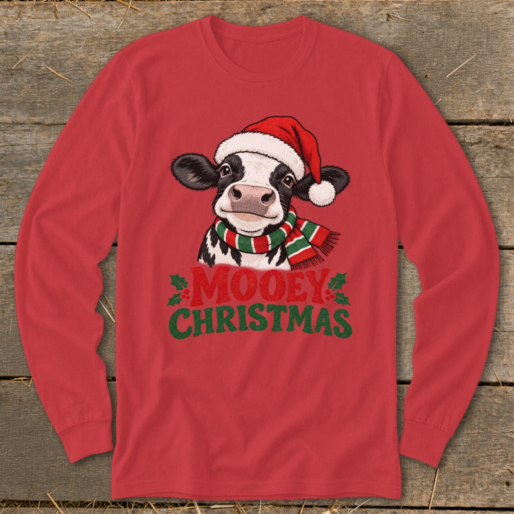 Red long-sleeve shirt with cow in Santa hat and scarf, saying "Mooey Christmas".