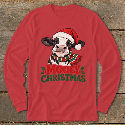 Red long-sleeve shirt with cow in Santa hat and scarf, saying "Mooey Christmas".
