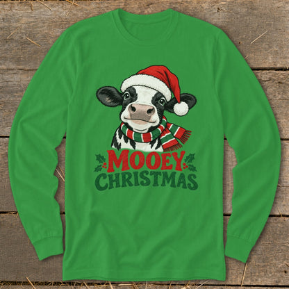 Cow in Santa hat and scarf on a green shirt with text "MOOEY CHRISTMAS".