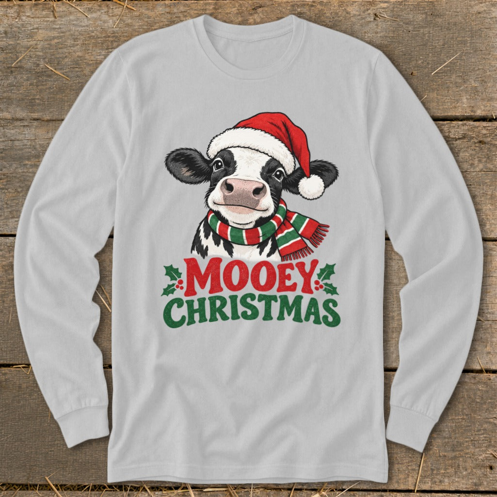 Cow in Santa hat and scarf with text "Mooey Christmas".