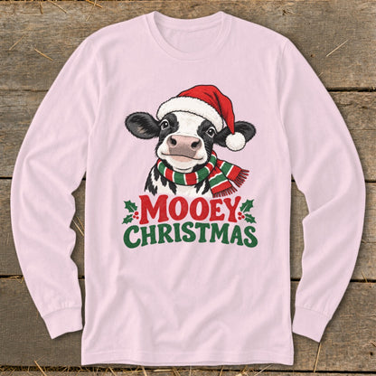 Pink long-sleeve shirt with a cow wearing a Santa hat and scarf, text reads "MOOEY CHRISTMAS".