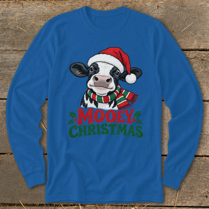 Blue long-sleeve shirt with cow in Santa hat and scarf saying "MOOEY CHRISTMAS".